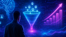 Ilustración de un embudo de ventas digital con procesos de automatización de prospectos y generación de leads.