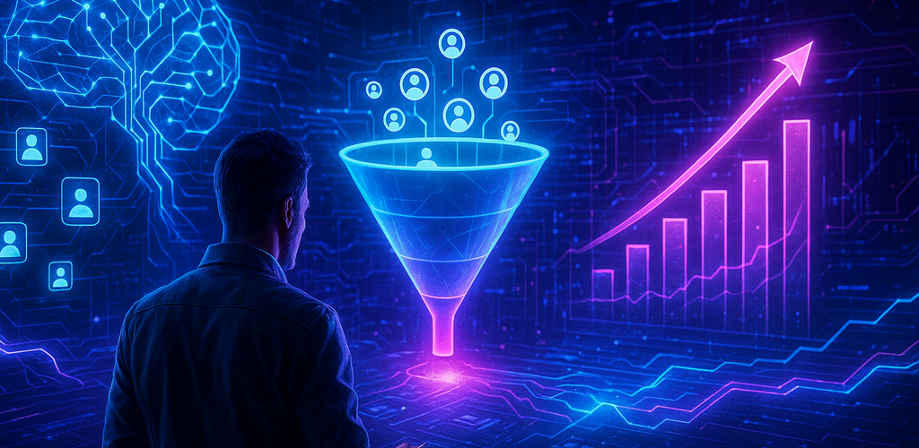 Ilustración de un embudo de ventas digital con procesos de automatización de prospectos y generación de leads.