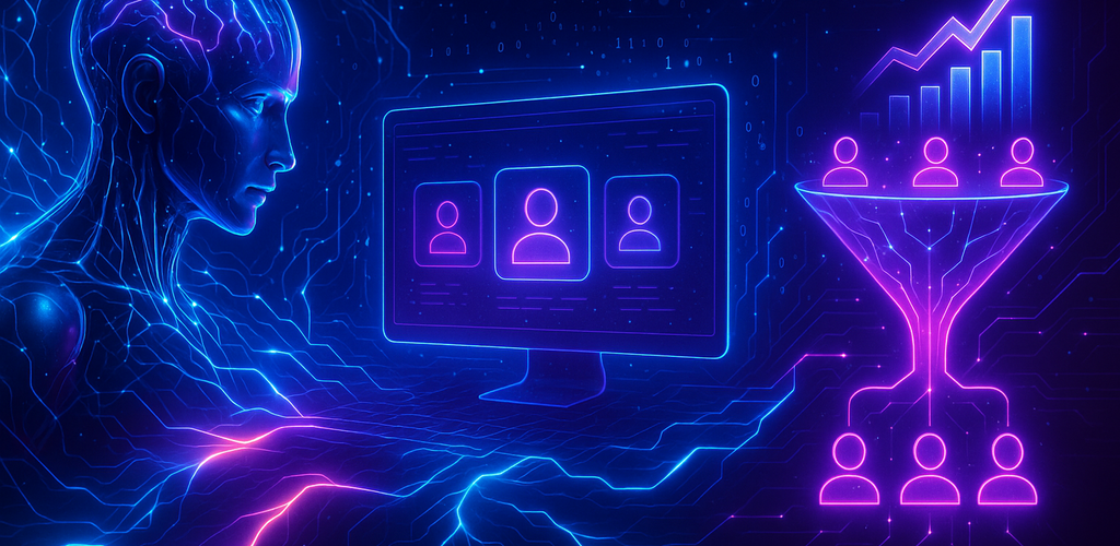 Diagrama de un embudo de ventas con elementos de automatización y SEO.